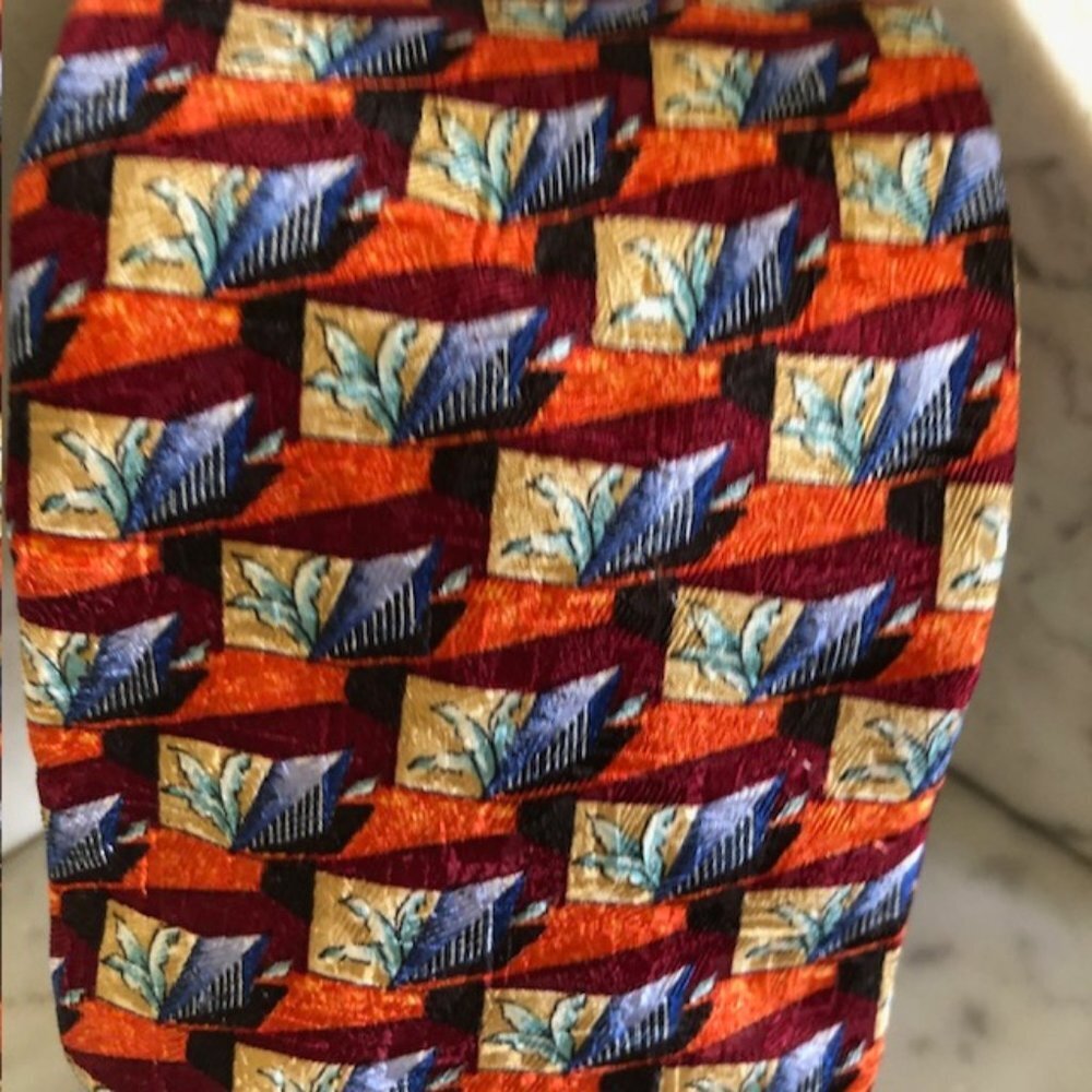ERMENEGILDO ZEGNA Silk Leaf Geo Block Orange Blue Red Tie - Picture 4 of 15